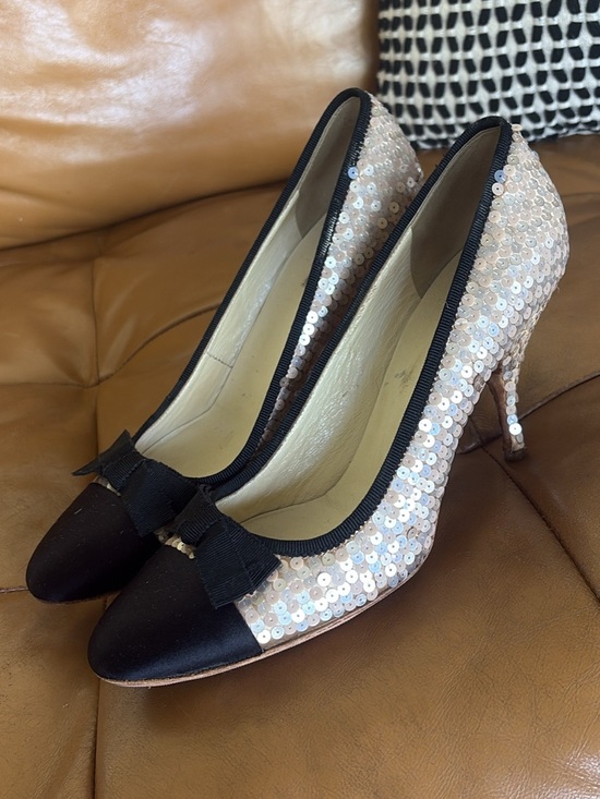 Prada Shoes - Prada Pink Sequin Pumps with Black Cap Toe and Bow